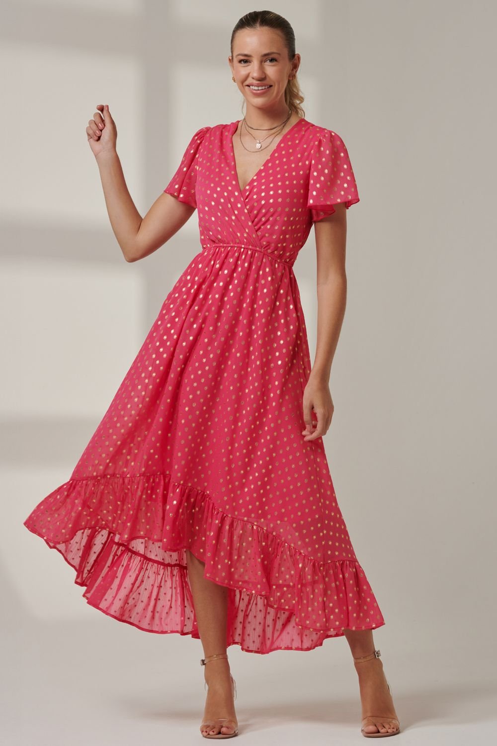 Jolie Moi Jolie Moi Women's Metallic Effect Angel Sleeve Maxi Dress in Fuchsia - 3