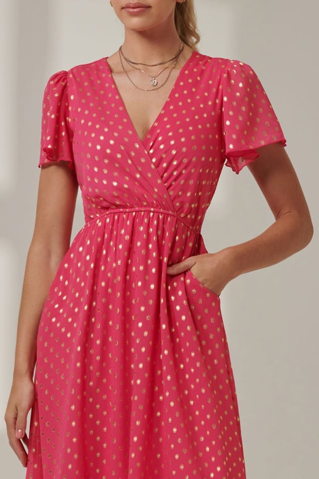 Jolie Moi Jolie Moi Women's Metallic Effect Angel Sleeve Maxi Dress in Fuchsia - 3