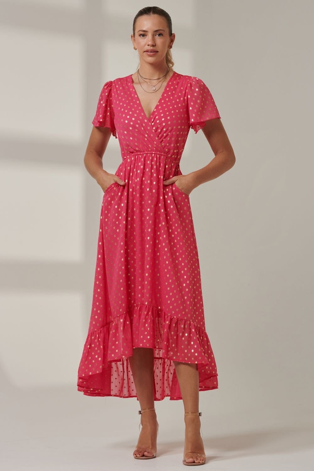 Jolie Moi Jolie Moi Women's Metallic Effect Angel Sleeve Maxi Dress in Fuchsia - 4