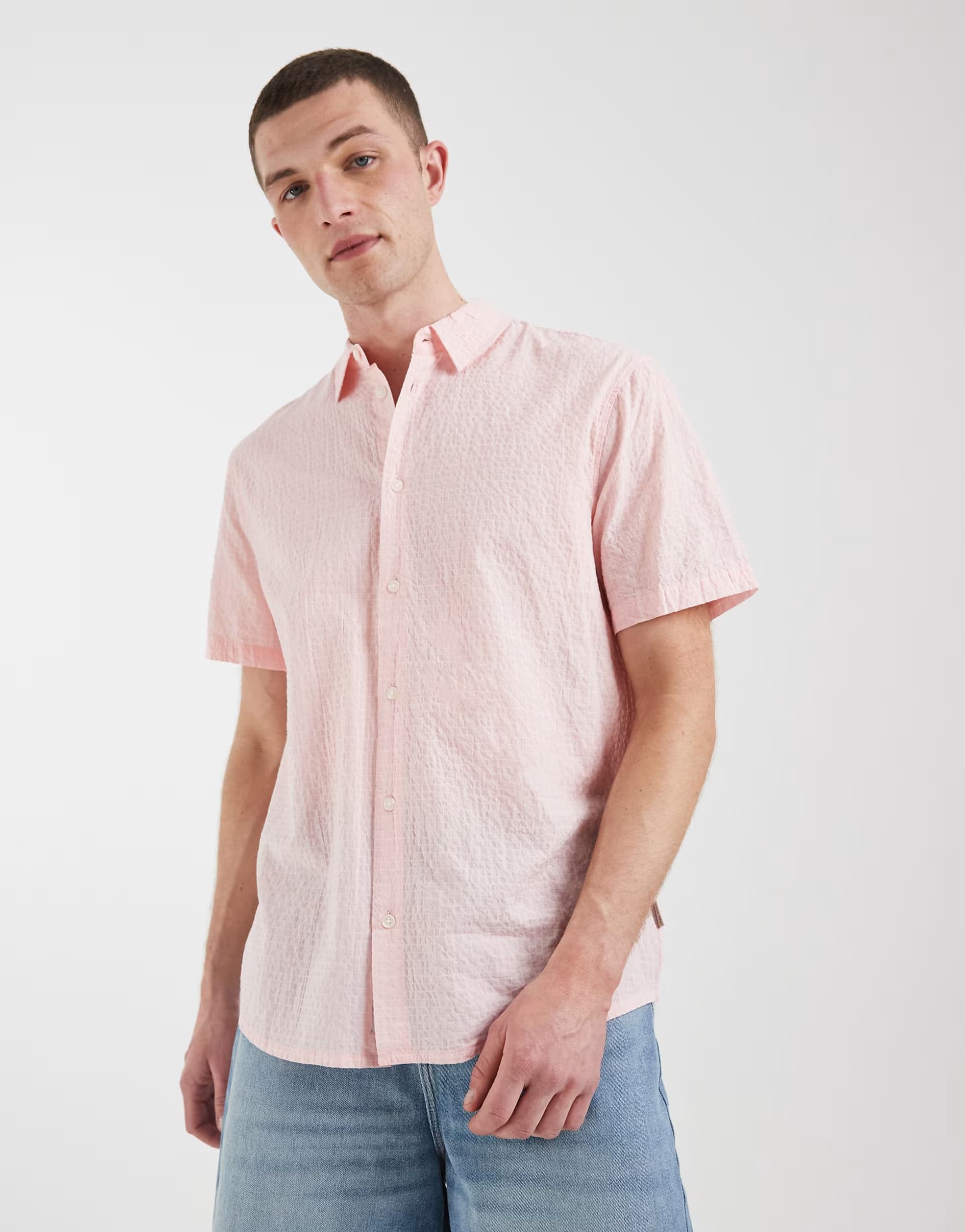 ASOS BLEND cotton-rich regular fit check shirt in peach