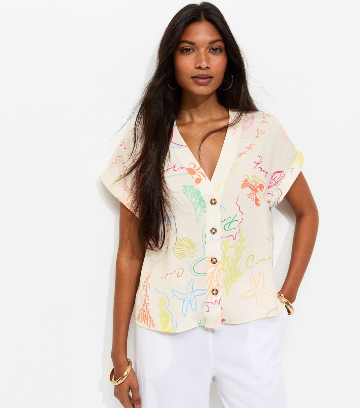 New Look Women's Cream Shell Print Button Front Shirt New Look