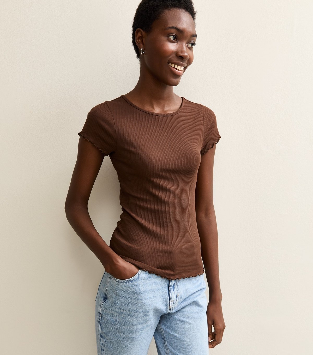 New Look Women's Tall Dark Brown Ribbed Babylock T-Shirt New Look - 2