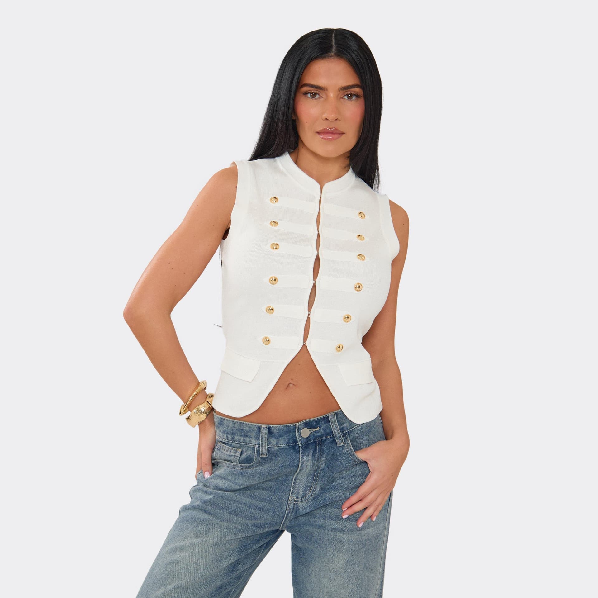 EGO EGO White Knit Sleeveless Top With Button Detail