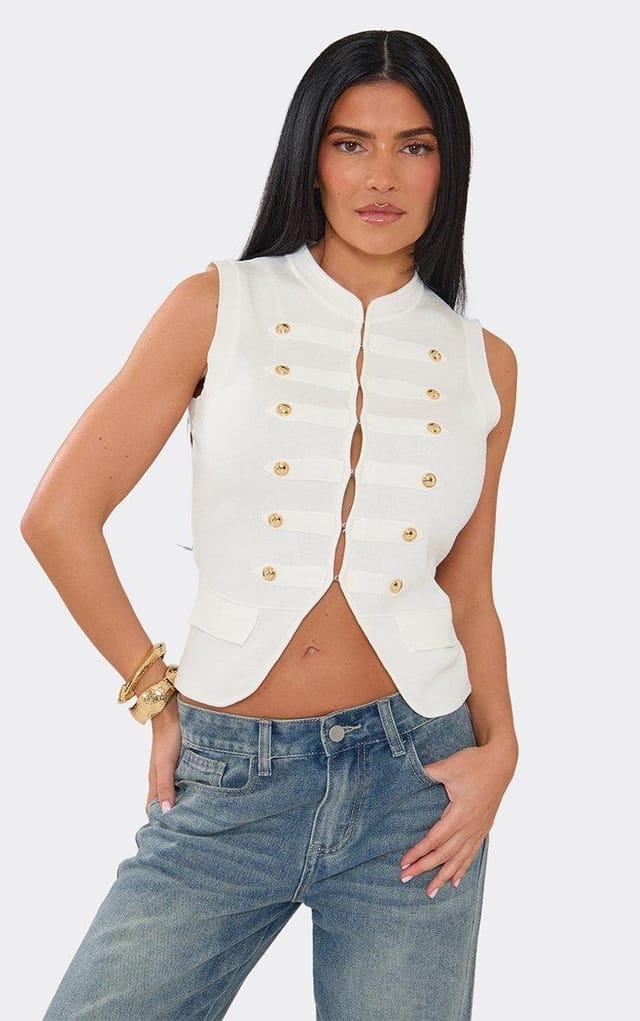 EGO Button Detail Split Front Military Style Sleeveless Top In White Knit, Women's Size UK M/L - 2