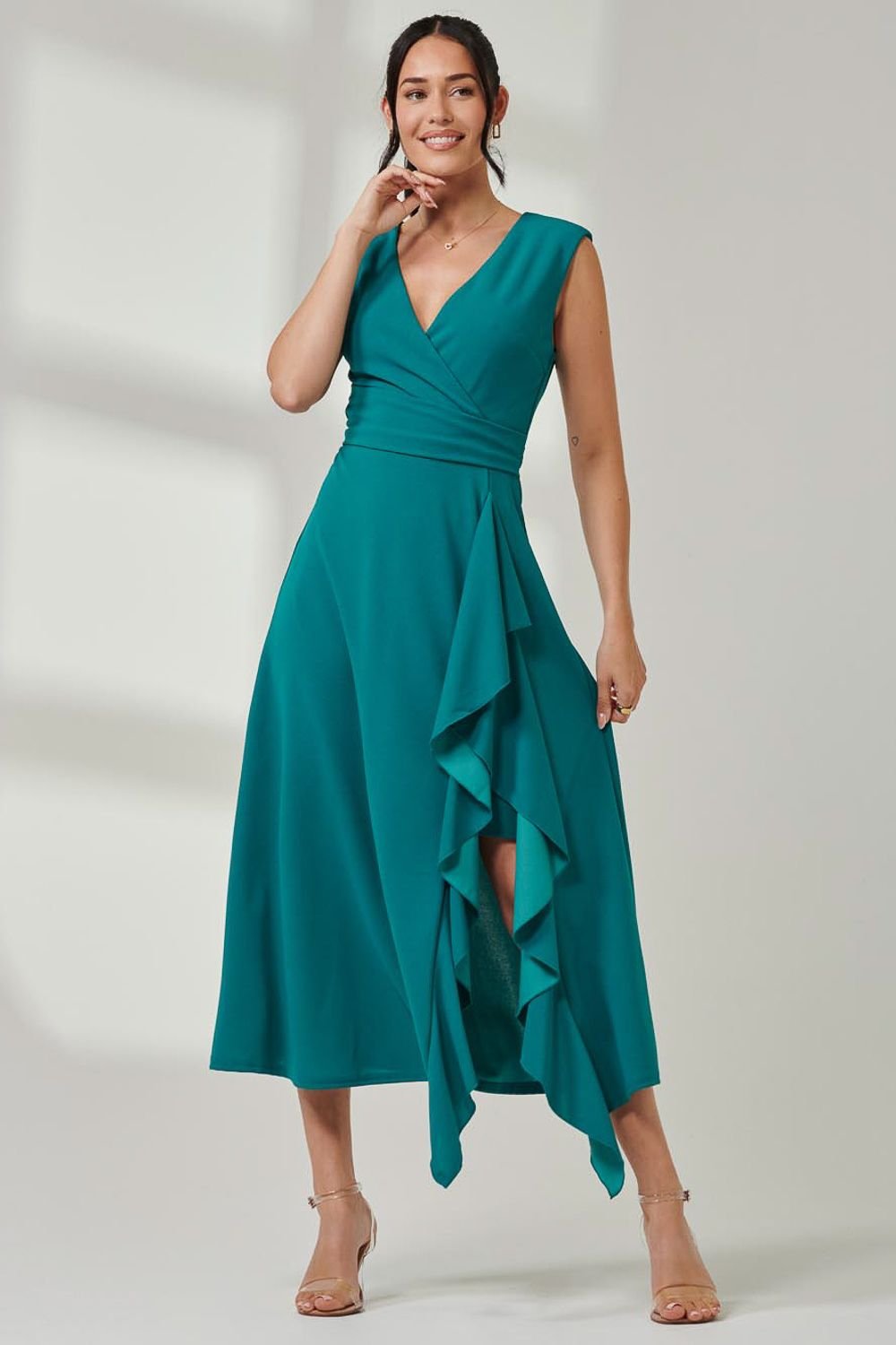 Jolie Moi Jolie Moi Women's Wrap Front Frill Detail Maxi Dress in Teal - 2