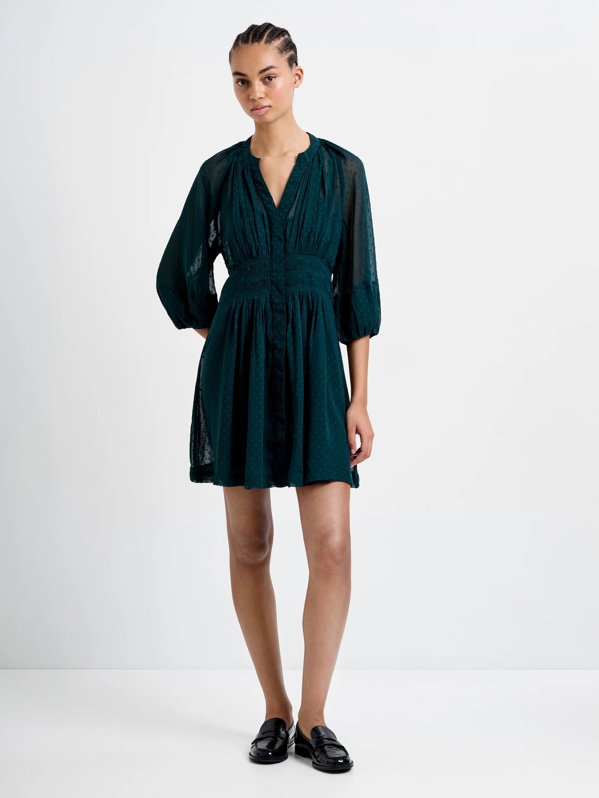 French Connection Dobby Pleated Waist Mini Dress Forest Green