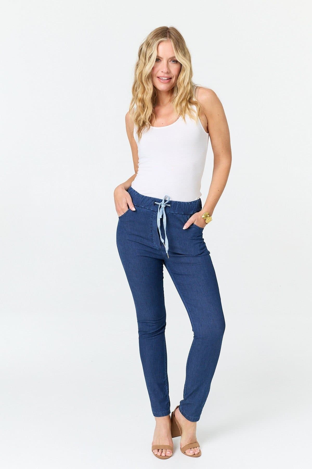 Izabel London Izabel London Women's Tie Front High Waist Slim Fit Jeans in Blue