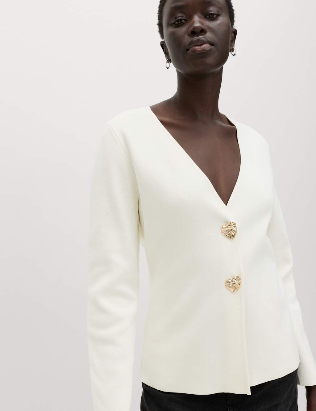 Marks & Spencer M&S V-Neck Slim Fit Button Front Knitted Jacket Ivory - 2