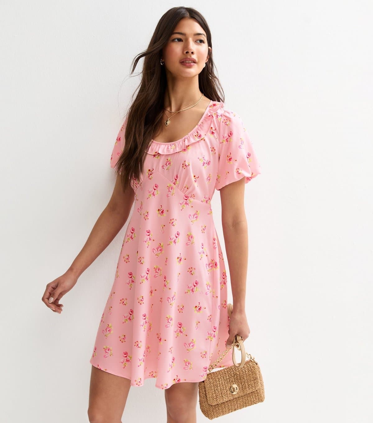 New Look Women's Pink Floral Print Frilly Trim Mini Dress New Look