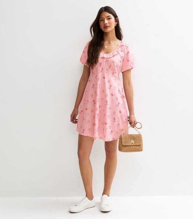 New Look Women's Pink Floral Print Frilly Trim Mini Dress New Look - 3