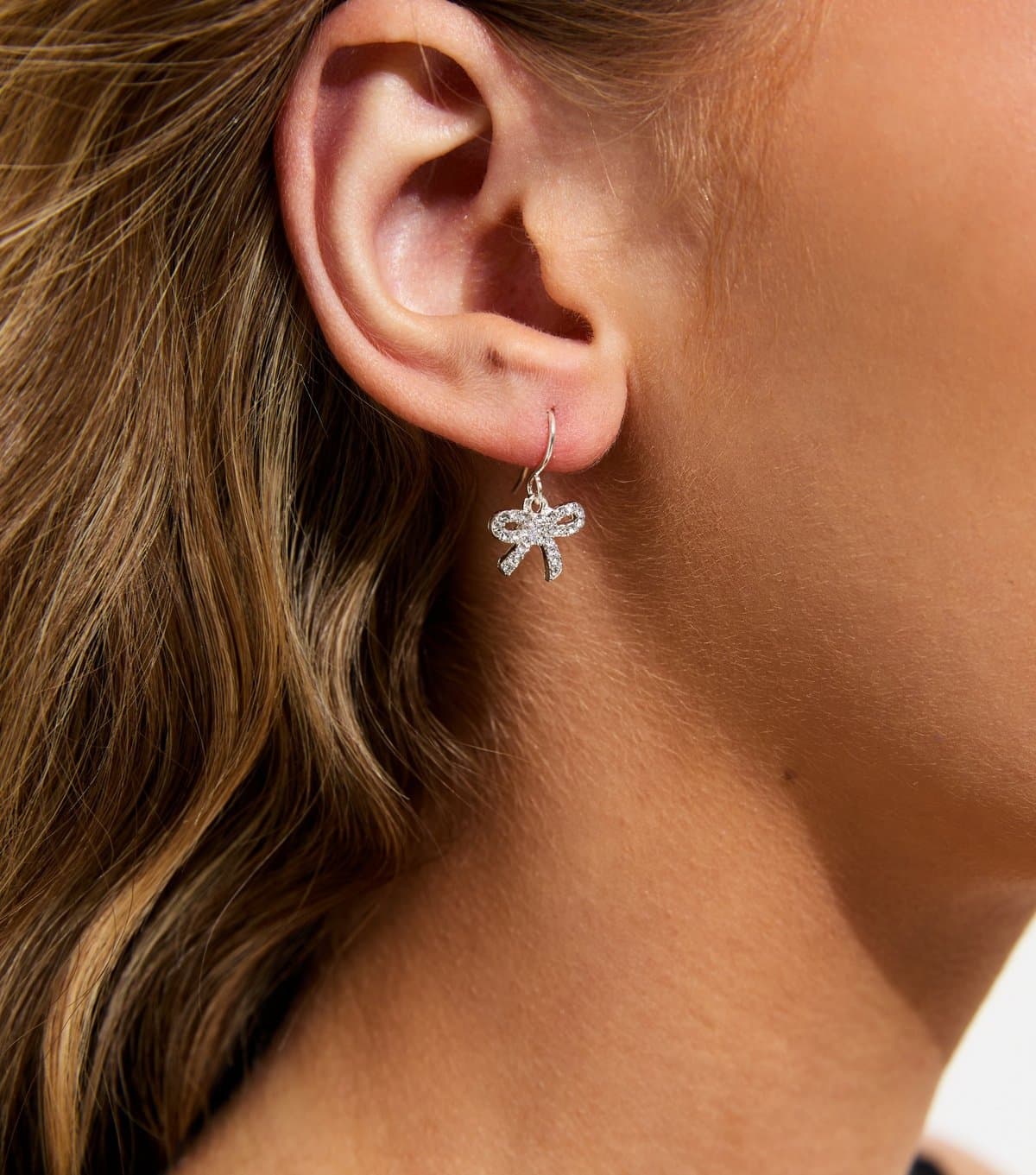 New Look Silver Tone Diamanté Bow Drop Earrings New Look