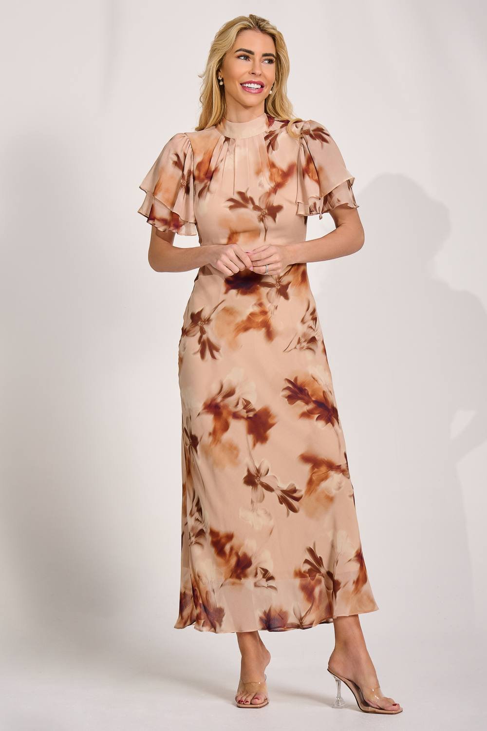 Jolie Moi Jolie Moi Women's High Neck Angel Sleeve Chiffon Maxi Dress in Beige - 2