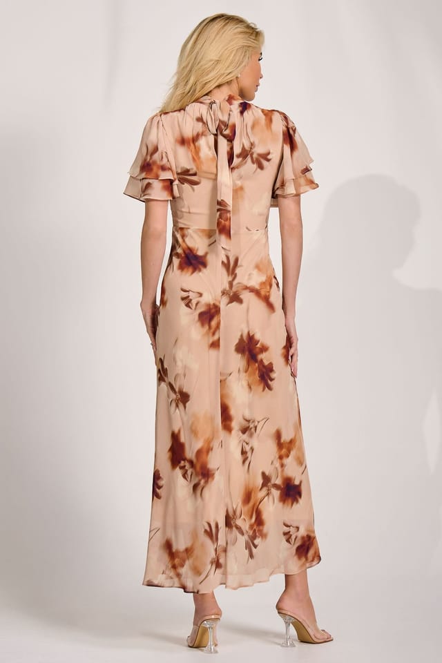 Jolie Moi Jolie Moi Women's High Neck Angel Sleeve Chiffon Maxi Dress in Beige - 2