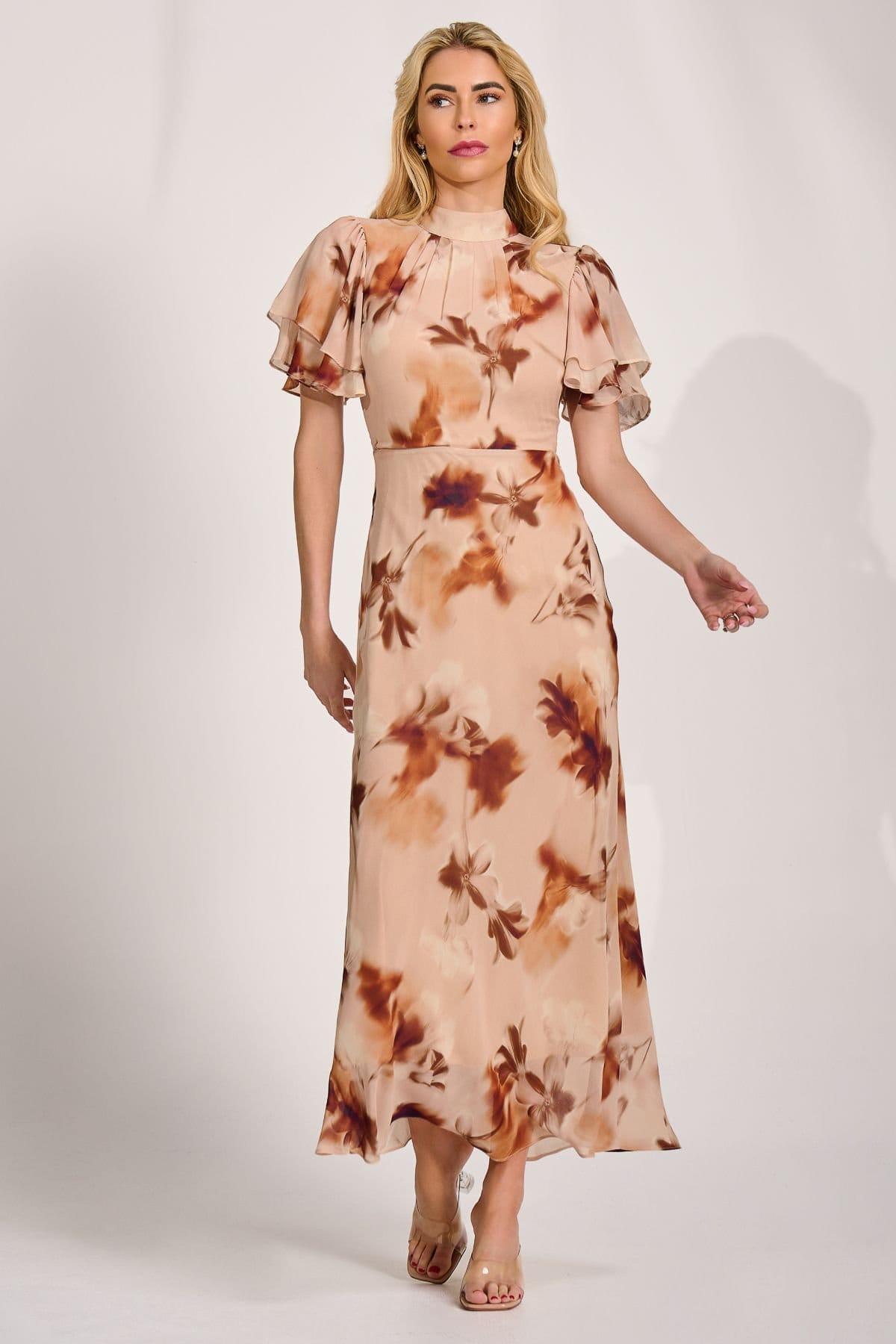 Jolie Moi Jolie Moi Women's High Neck Angel Sleeve Chiffon Maxi Dress in Beige - 4