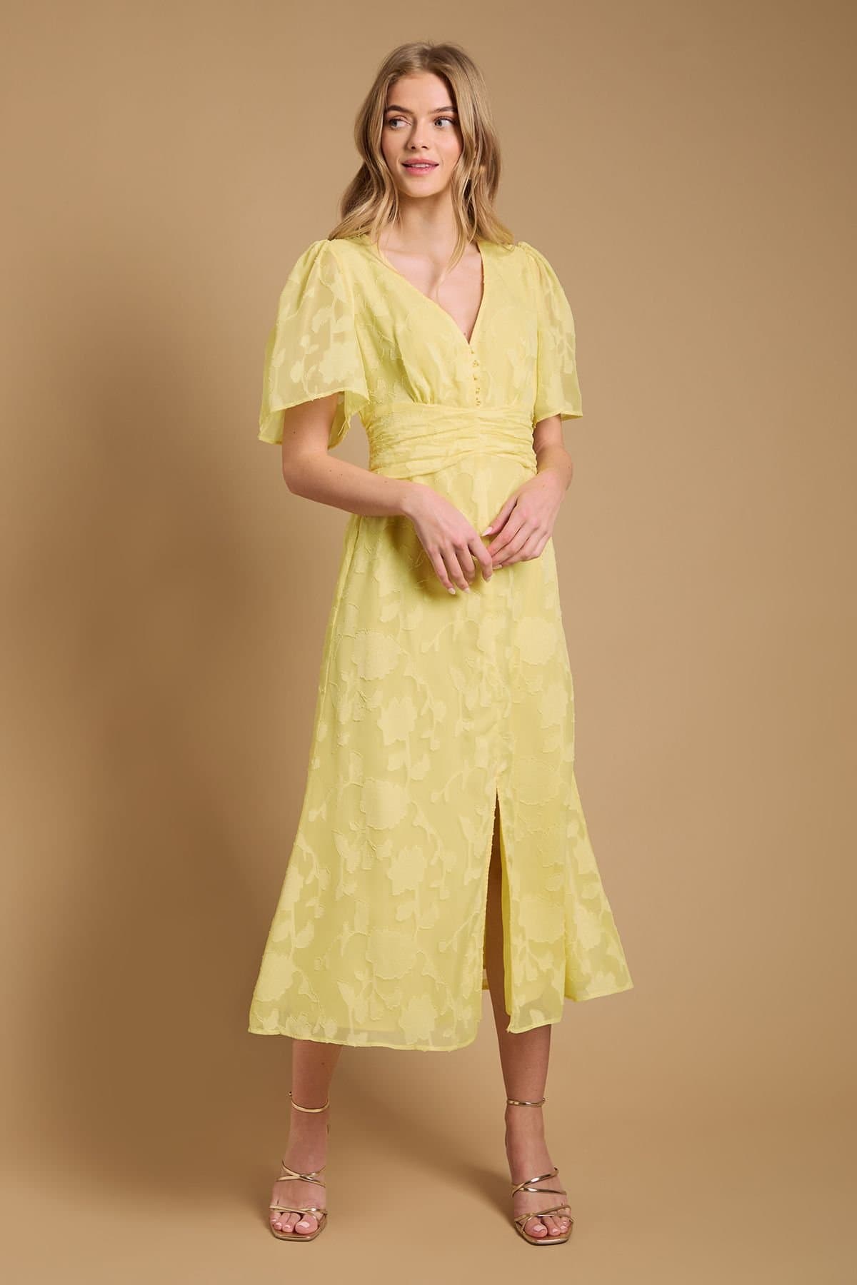 Oasis Oasis Women's Button Jacquard Midi Dress in Butter