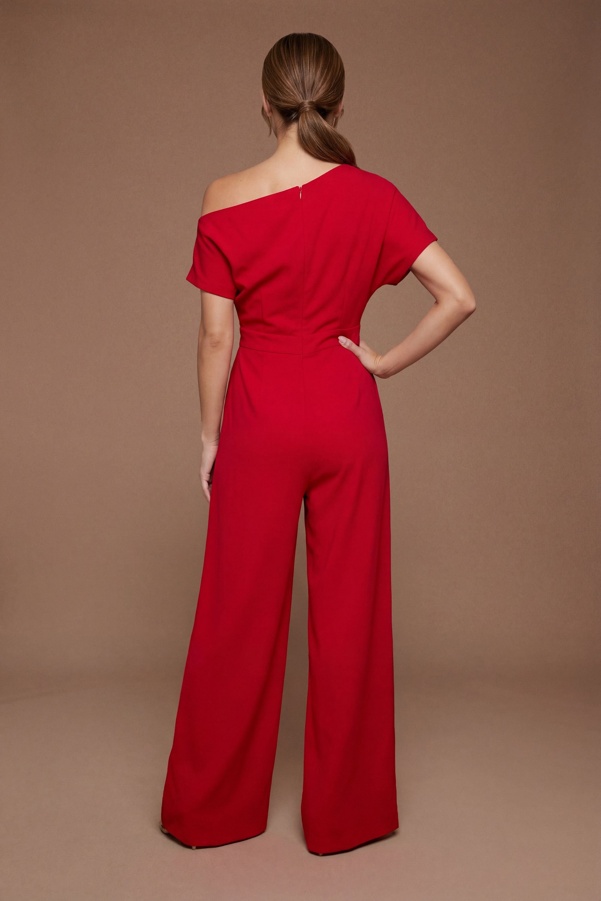 Coast Coast Women's Petite Pleat Off-The Shoulder Jumpsuit in Flame Red - 3