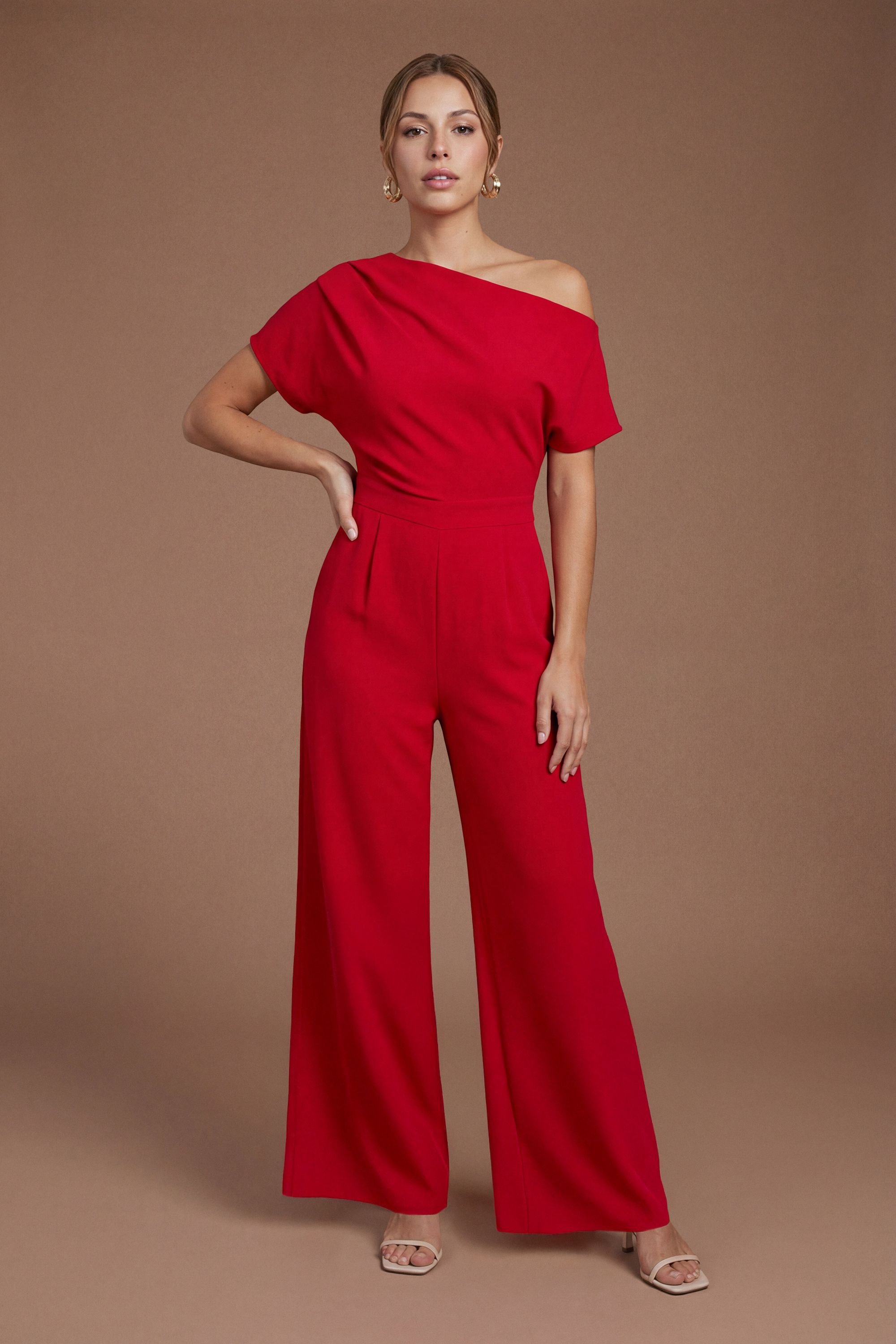 Coast Coast Women's Petite Pleat Off-The Shoulder Jumpsuit in Flame Red - 4