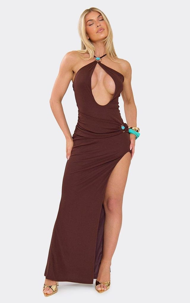 EGO Strappy Cut Out Front Trim Detail Split Leg Maxi Dress In Chocolate Brown, Women's Size UK 6 - 2