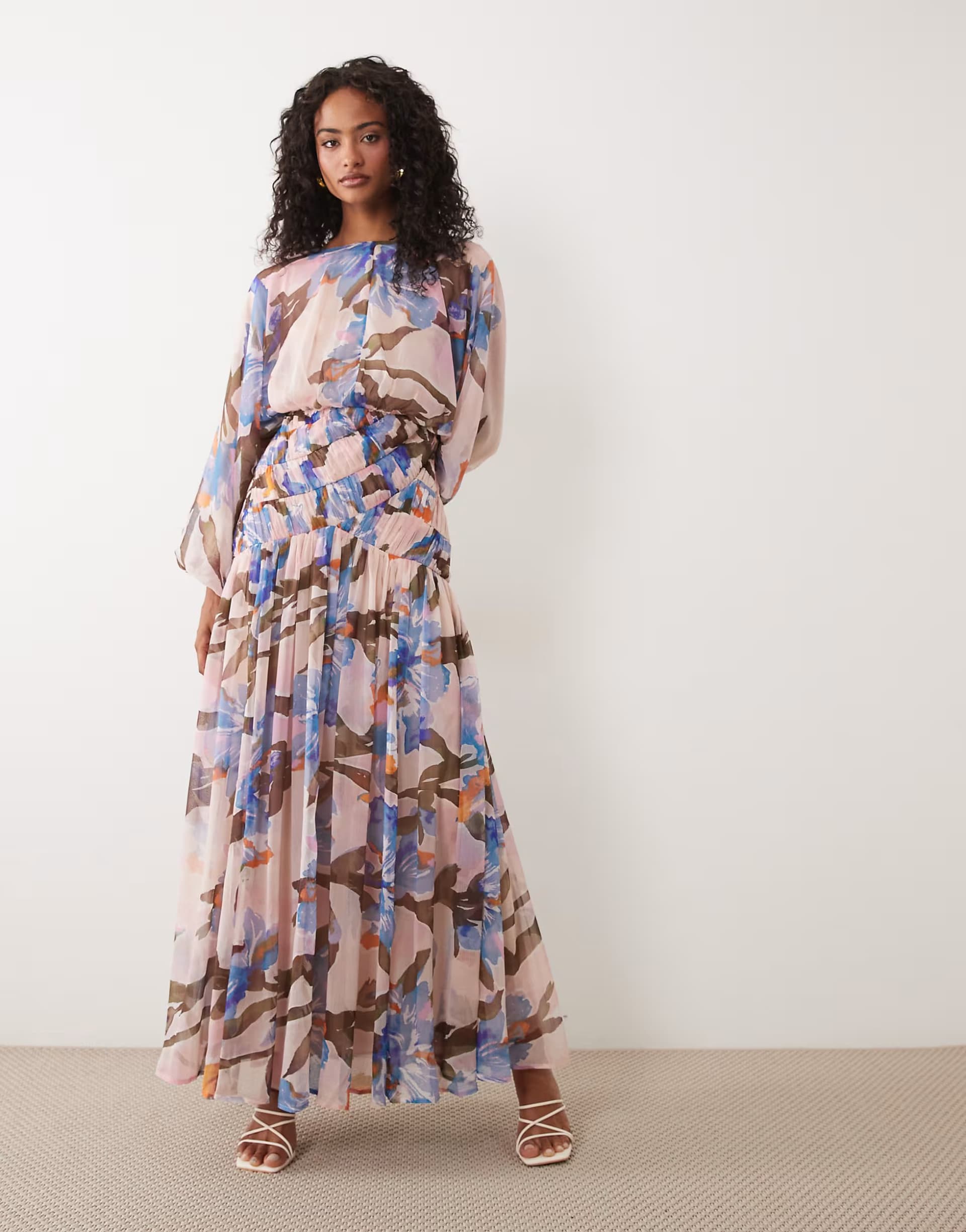 ASOS ASOS DESIGN long sleeve blouson maxi dress with gauged ruched waist detail in romantic floral print