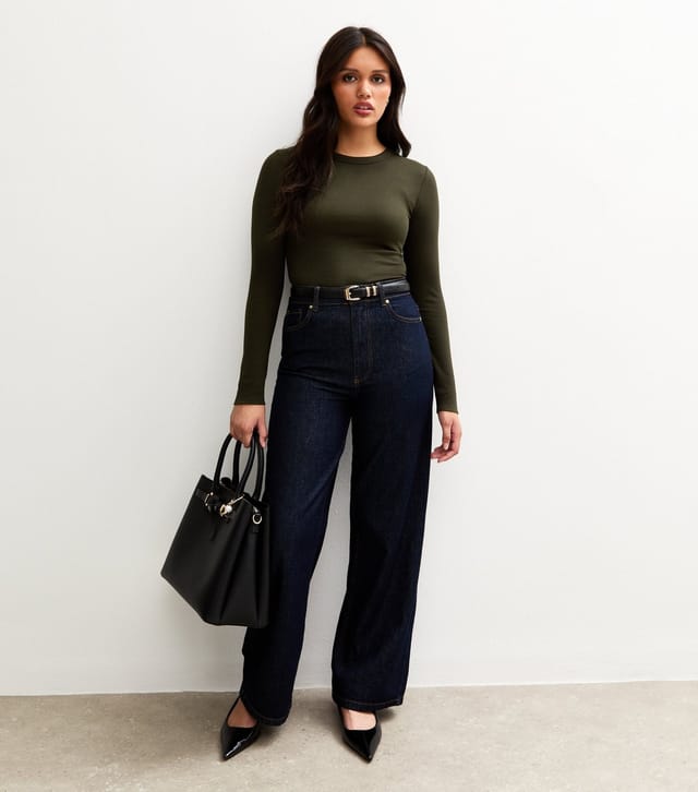 New Look Women's Dark Khaki Long Sleeve Ribbed Crew Neck Top New Look - 2