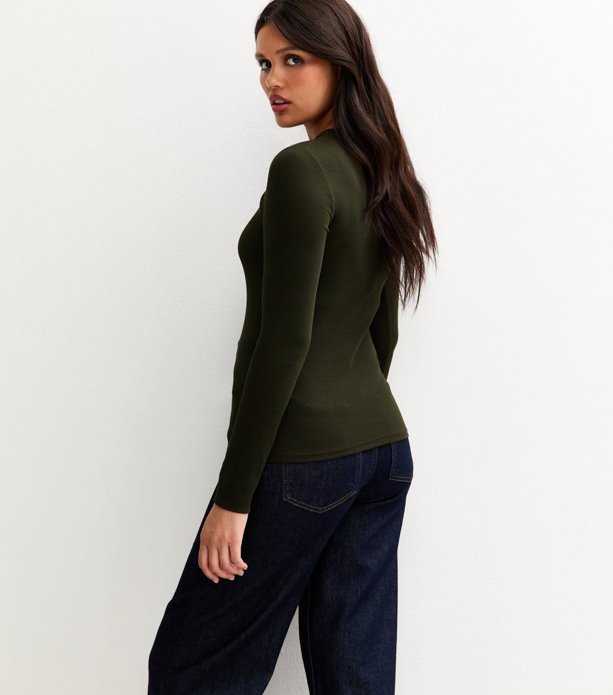 New Look Women's Dark Khaki Long Sleeve Ribbed Crew Neck Top New Look - 4