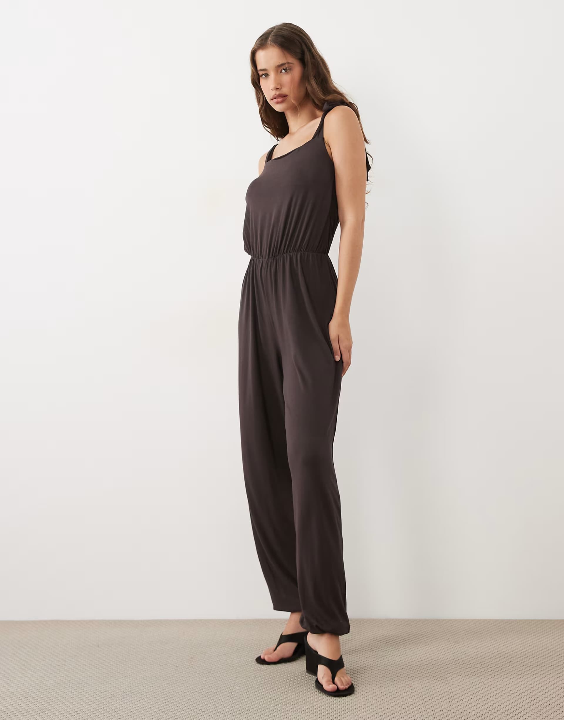 ASOS Miss Selfridge tie shoulder balloon trouser jumpsuit in chocolate