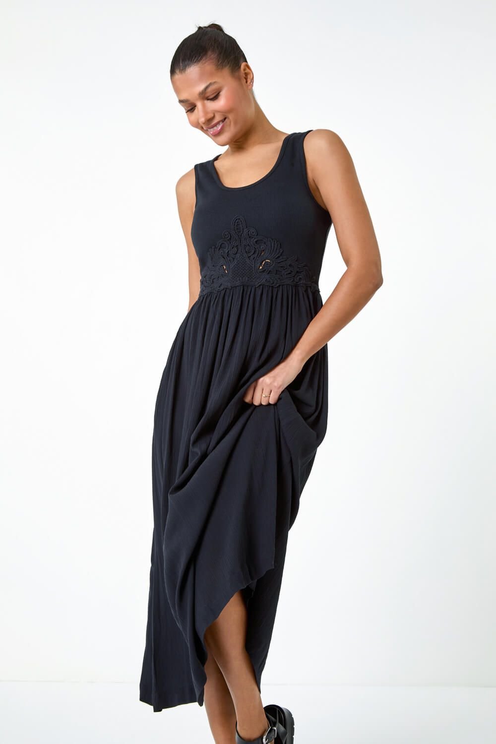 Roman Roman Women's Cotton Blend Lace Detail Midi Dress in Black - 4