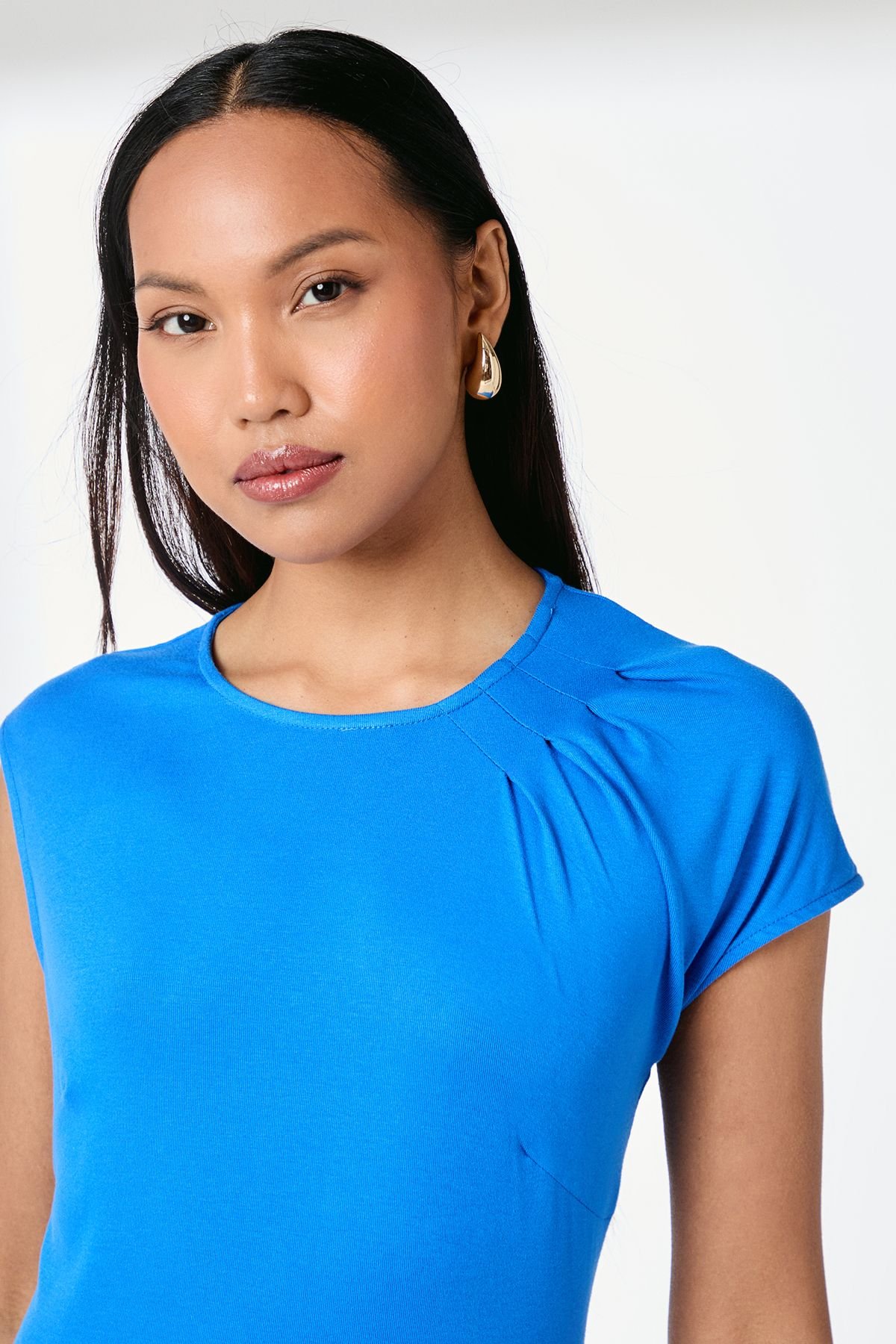 Principles Principles Women's Blue Drape Shoulder Jersey Midi Dress in Cobalt - 4