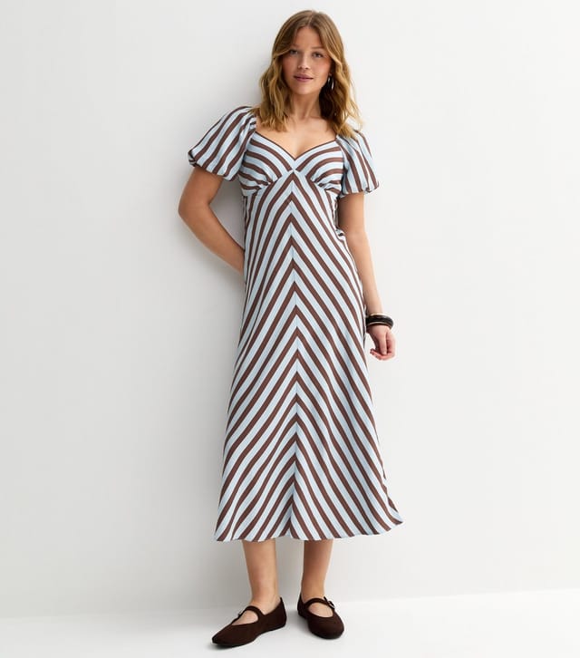 New Look Women's Blue Contrast Stripe Puff Sleeve Midi Dress New Look - 2