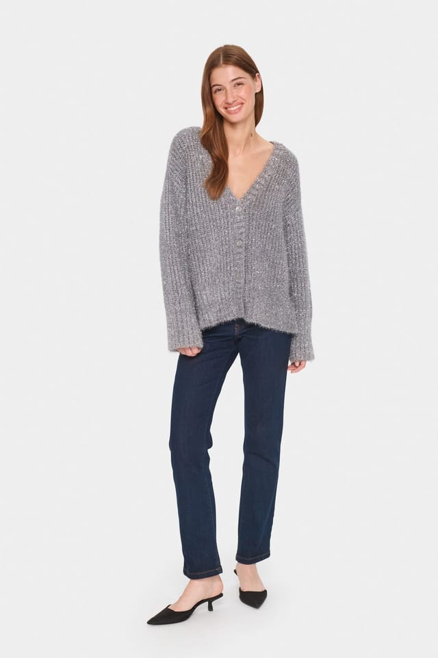 Saint Tropez Saint Tropez Women's HalfaSZ Glitter Knit Buttons Cardigan in Metallic Silver - 3