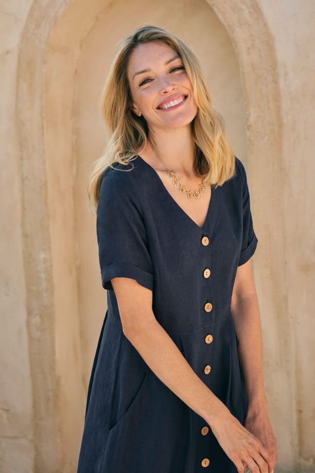 WoolOvers WoolOvers Women's Button Through Linen Dress in Navy - 2