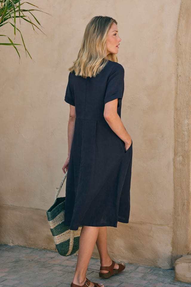 WoolOvers WoolOvers Women's Button Through Linen Dress in Navy - 3