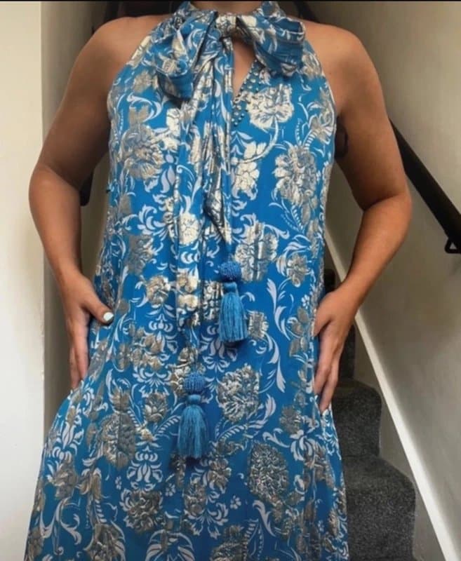 River Island River island tie neck silver and blue maxi floaty dress