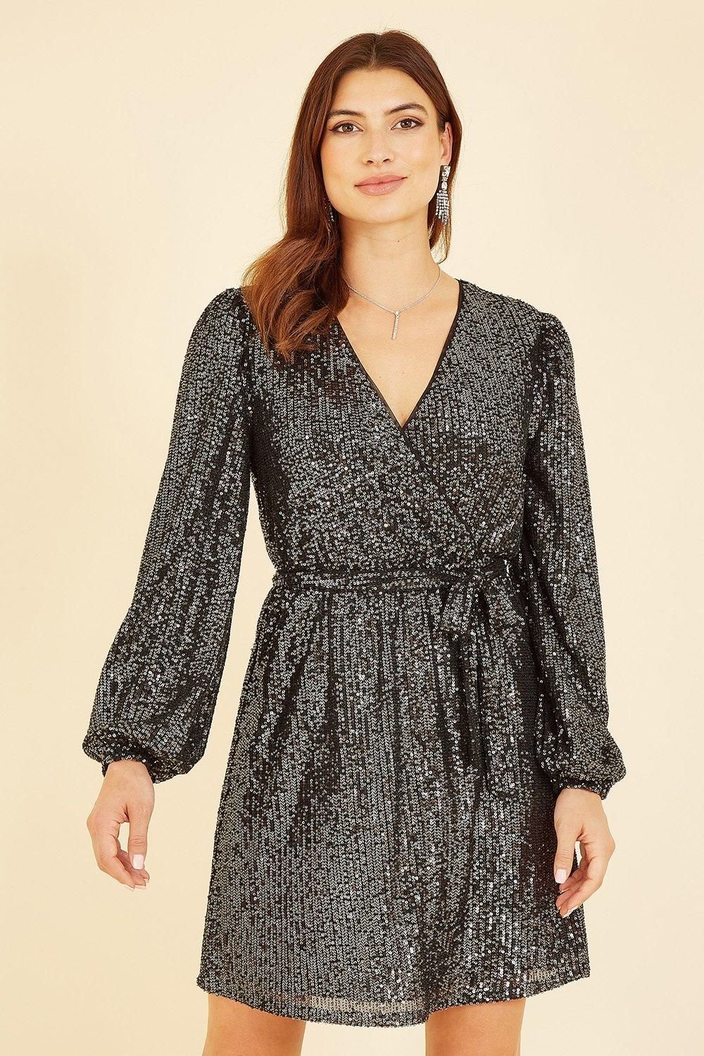 Mela Mela Women's Black Sequin Belted Wrap Long Sleeve Dress - 1