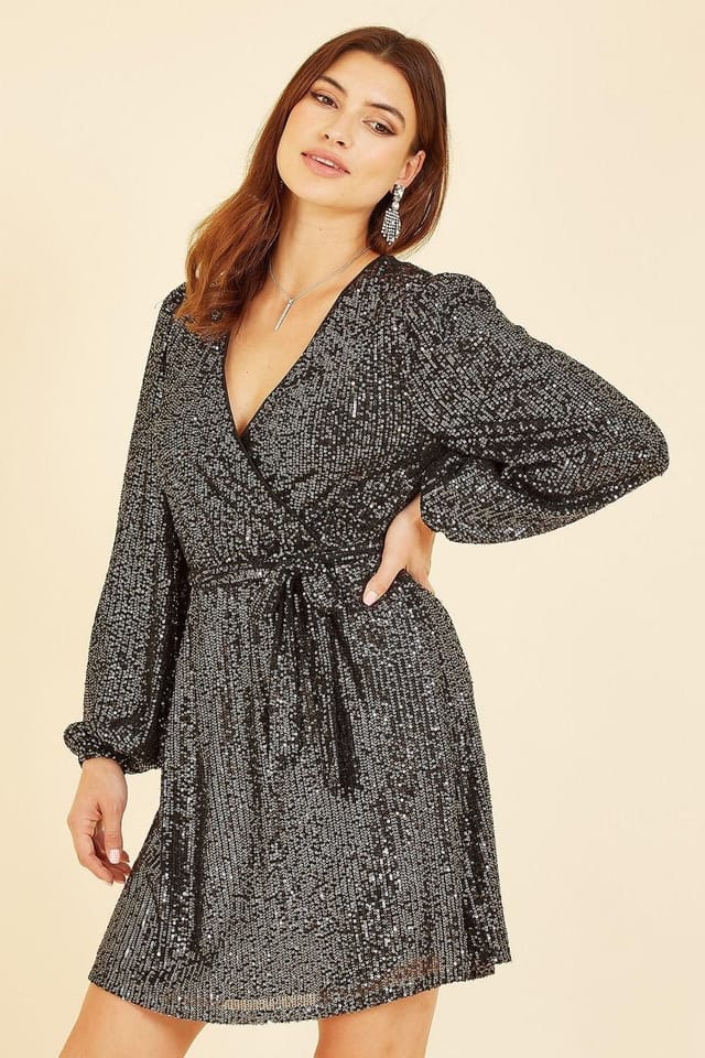 Mela Mela Women's Black Sequin Belted Wrap Long Sleeve Dress - 3