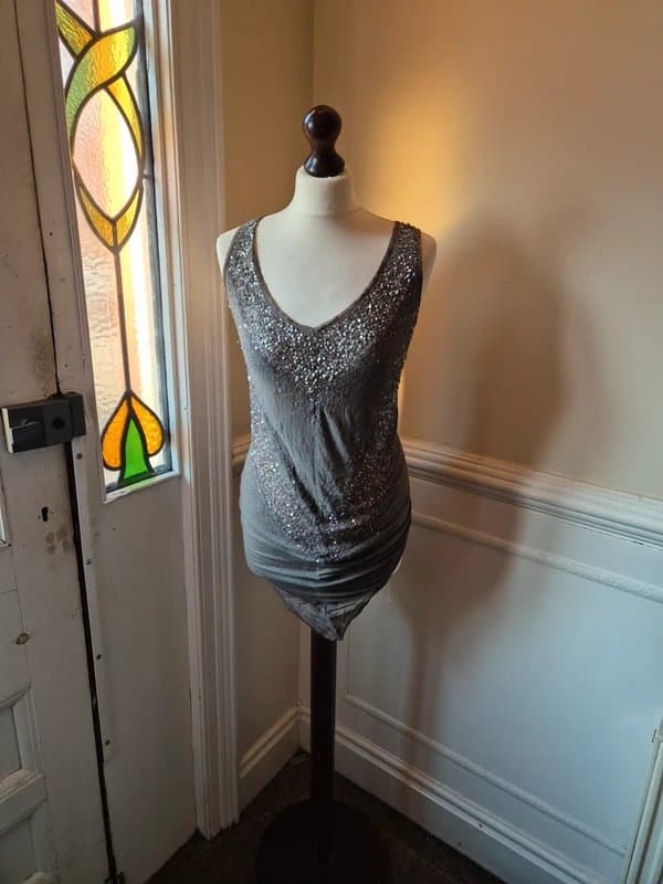 AllSaints All Saints 8 torvill vest grey silver sequin chiffon party rockstar asymmetric tank top cami goth
