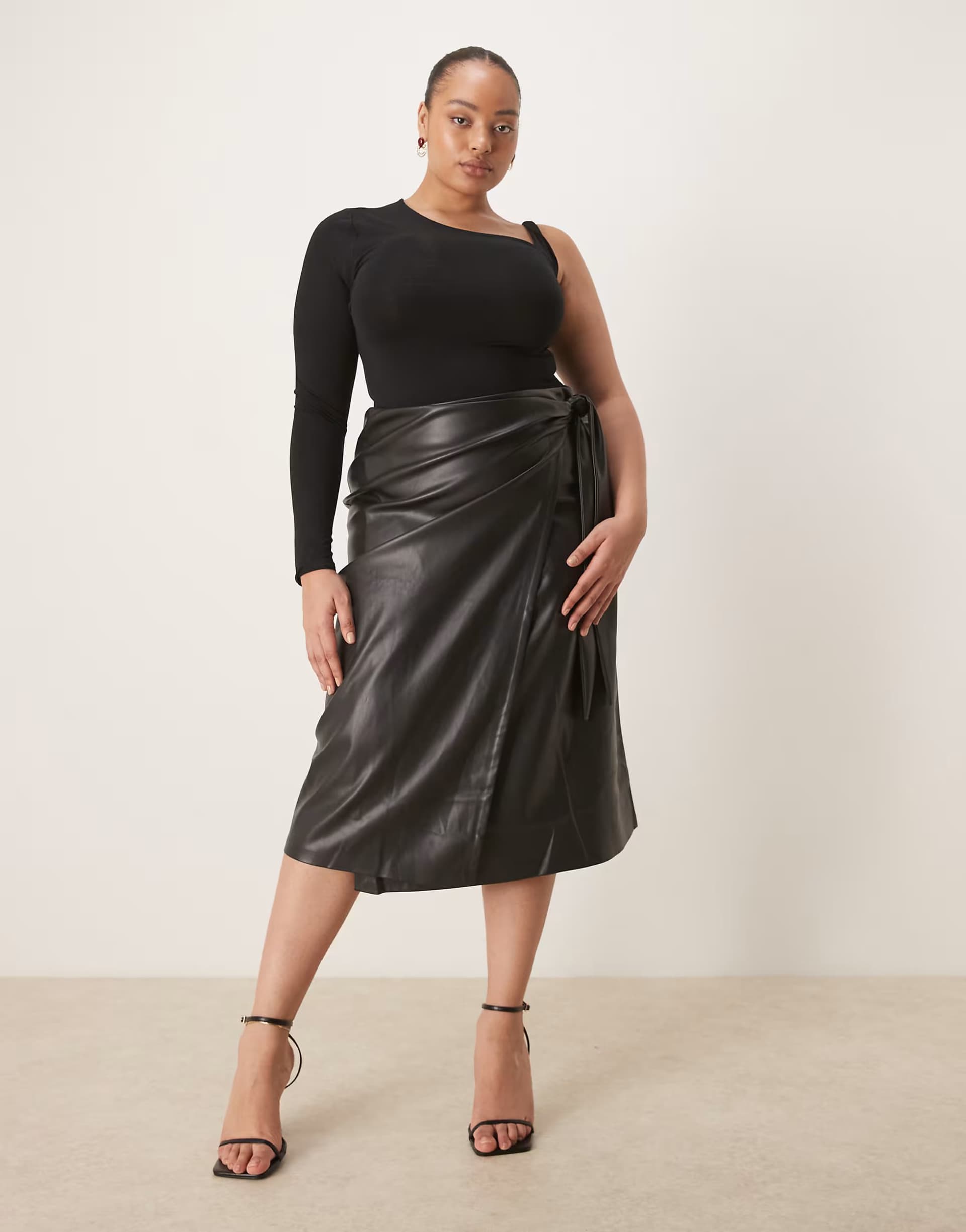 ASOS Never Fully Dressed Plus Jaspre leather look wrap tie side midi skirt in black