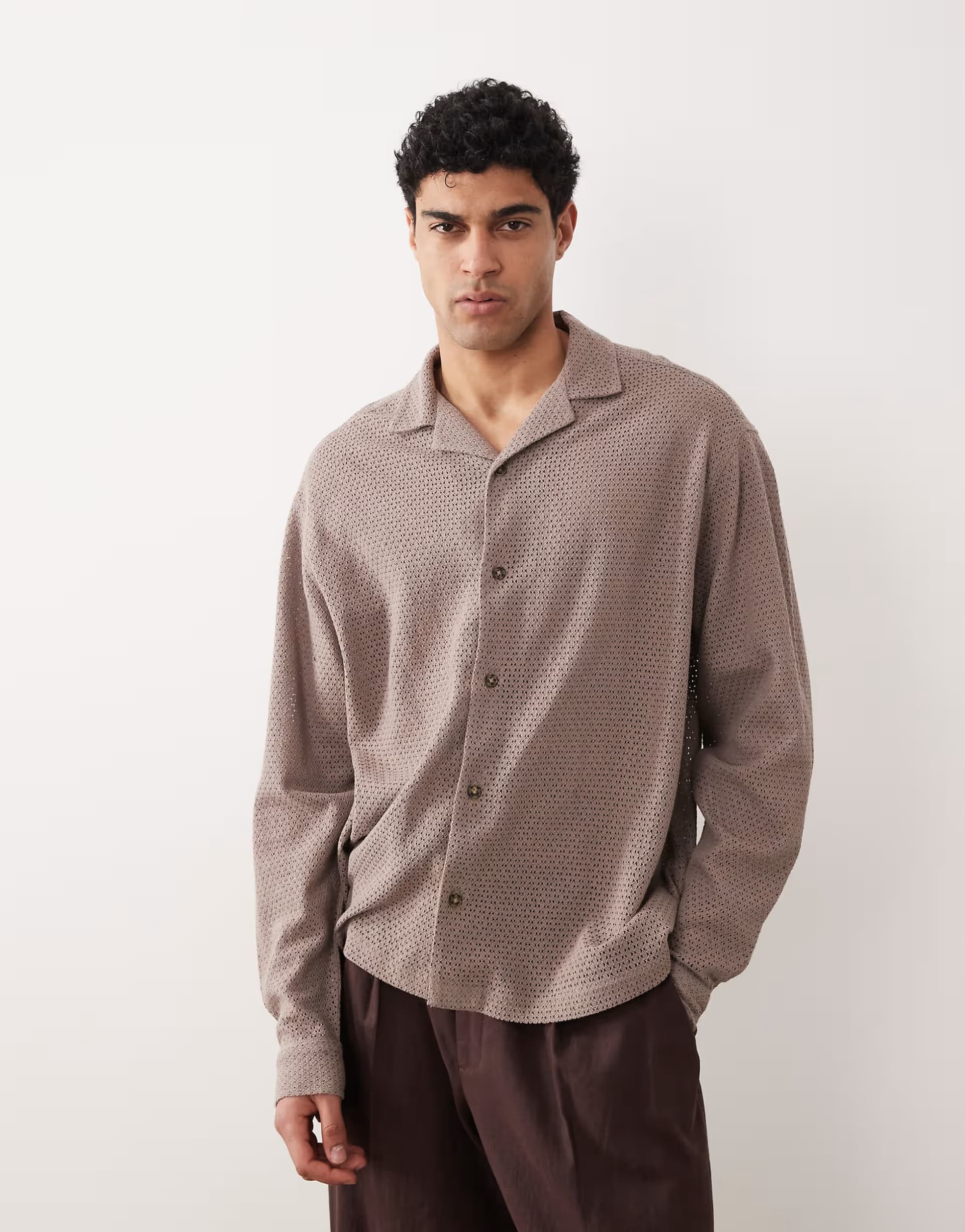 ASOS ASOS DESIGN oversized revere open texture shirt in brown