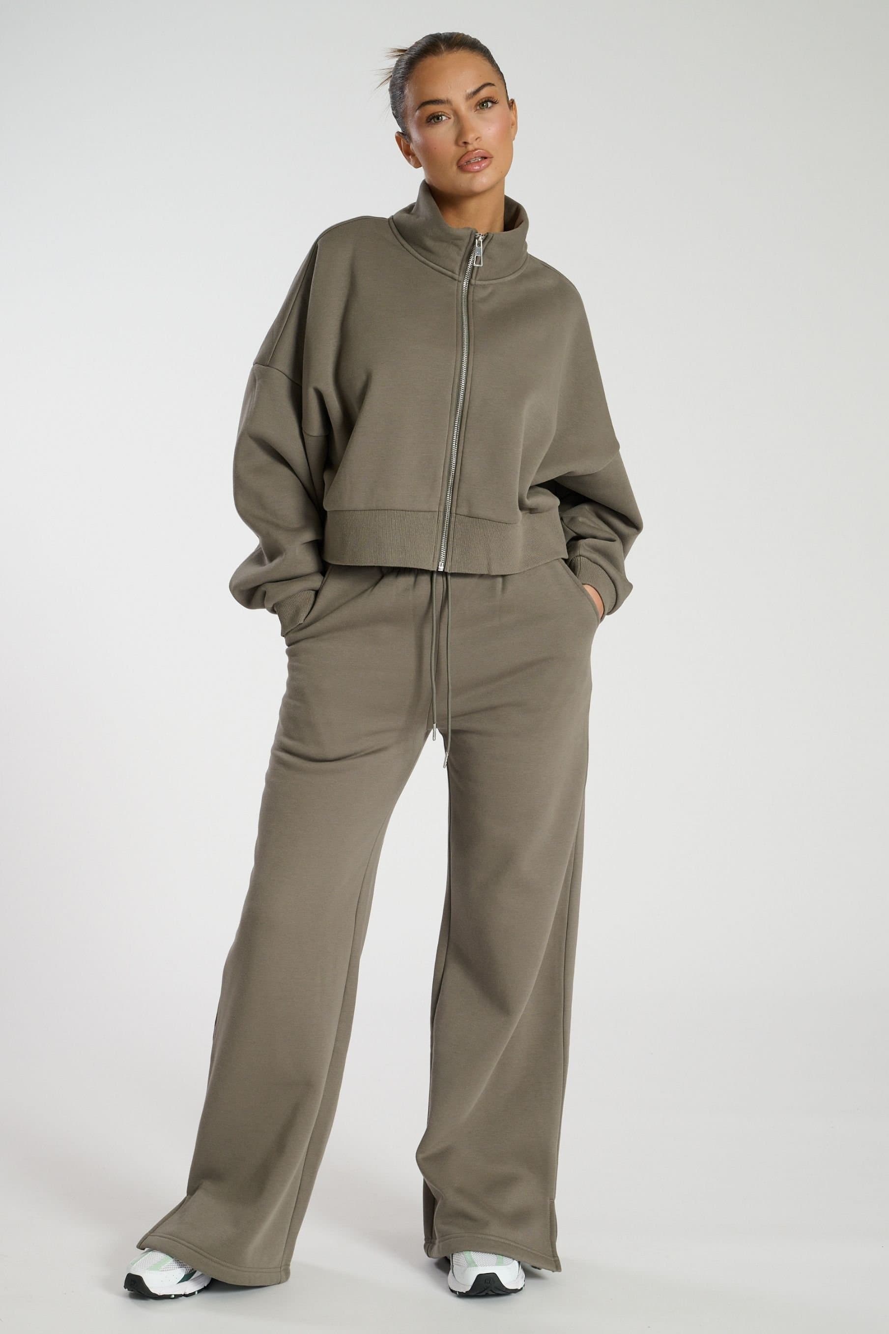South Beach South Beach Women's Khaki Cropped Funnel Neck Zip Up Sweat