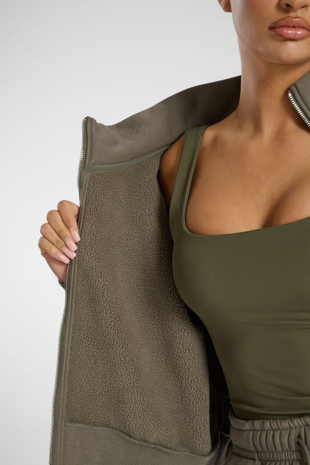 South Beach South Beach Women's Khaki Cropped Funnel Neck Zip Up Sweat - 2