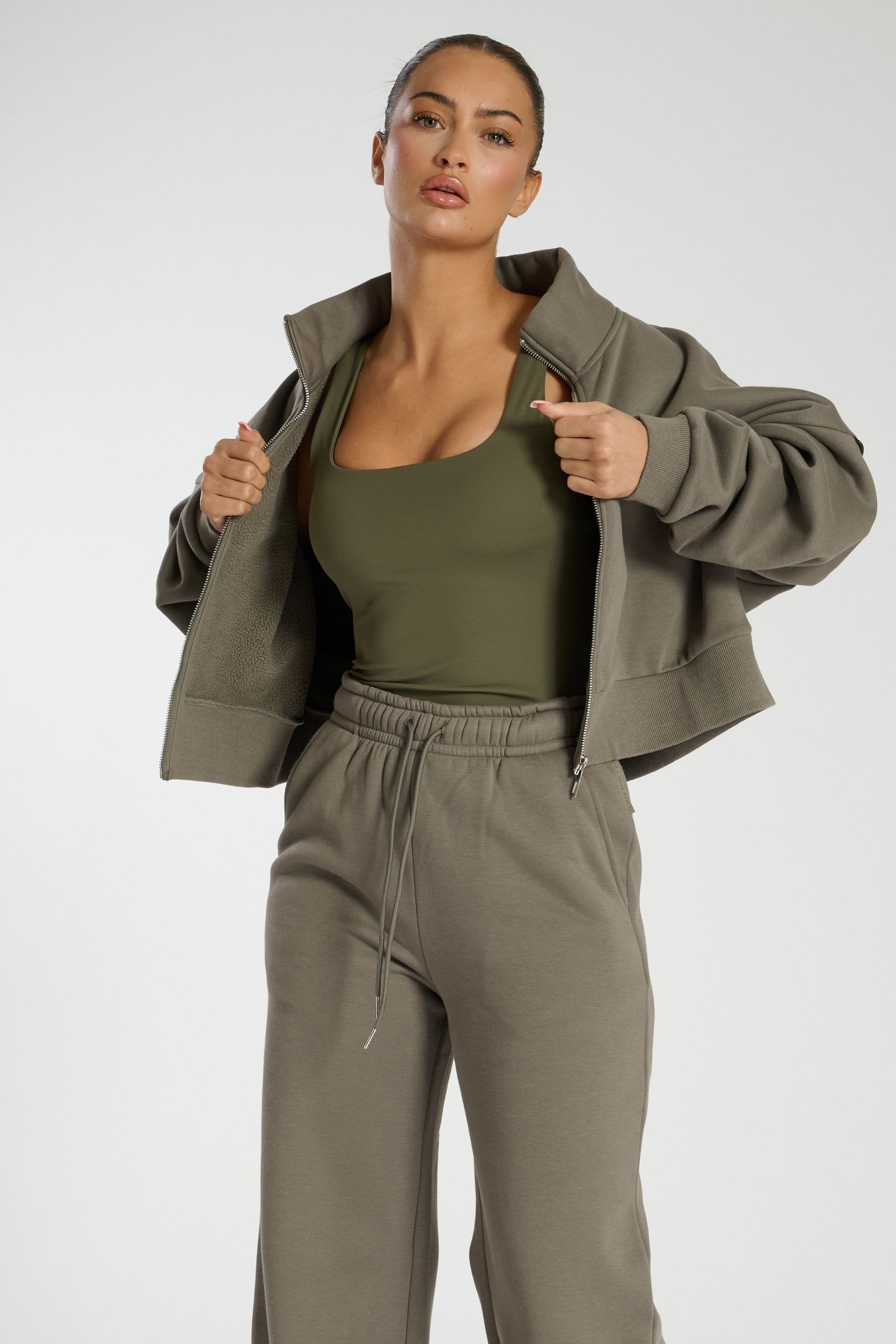 South Beach South Beach Women's Khaki Cropped Funnel Neck Zip Up Sweat - 4