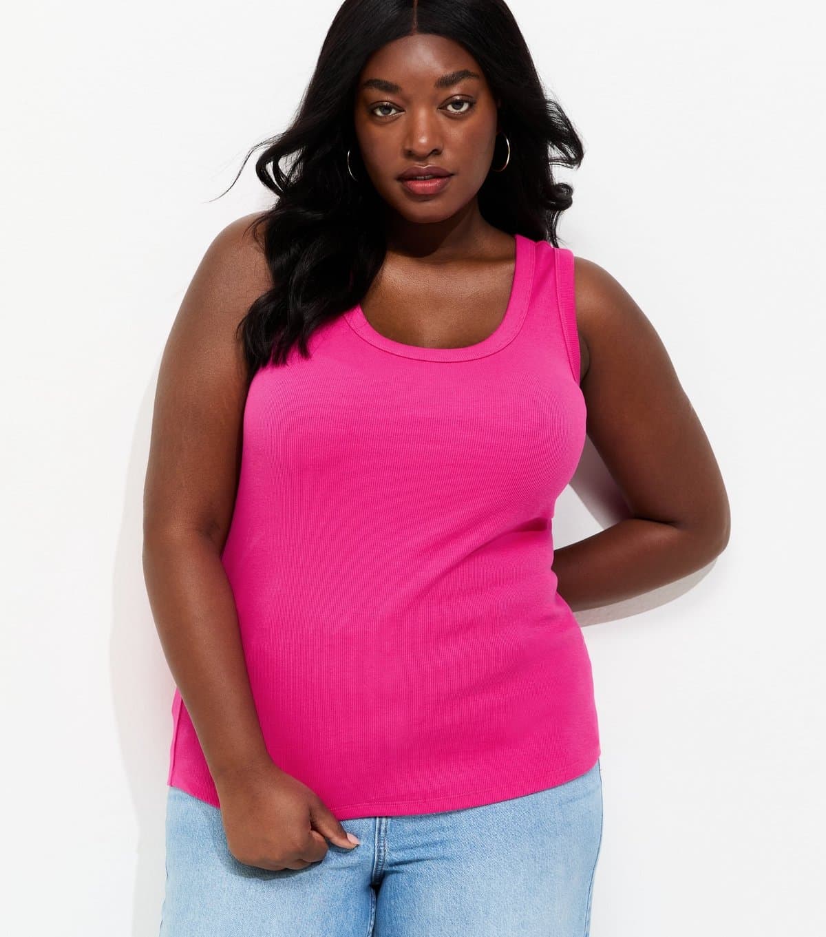 New Look Women's Plus Size Bright Pink Ribbed Scoop Neck Vest Curves New Look