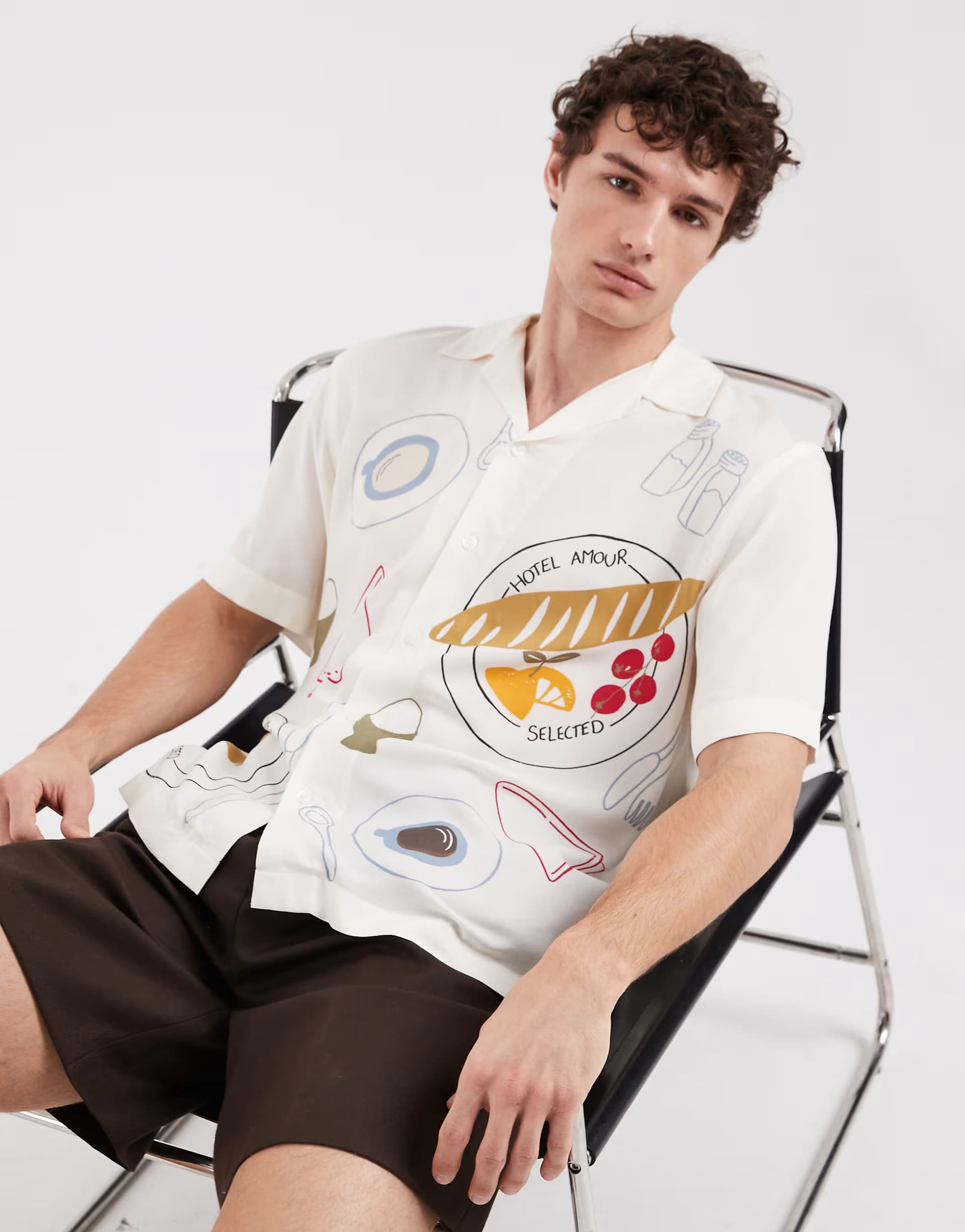 ASOS Selected X Hotel amour short sleeve shirt with dinner print in cream