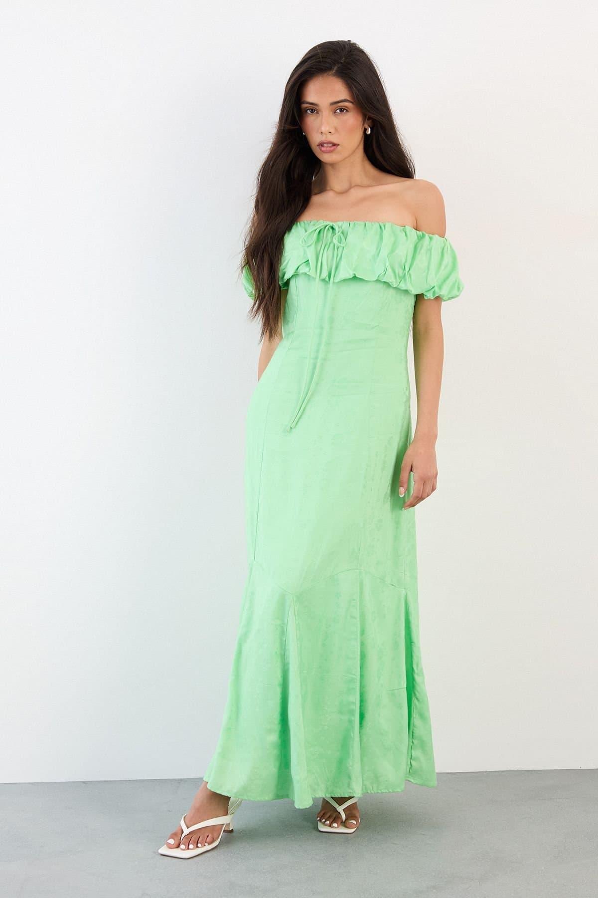Warehouse Warehouse Women's Viscose Satin Jacquard Bardot Godet Insert Milkmaid Midi Dress in Green