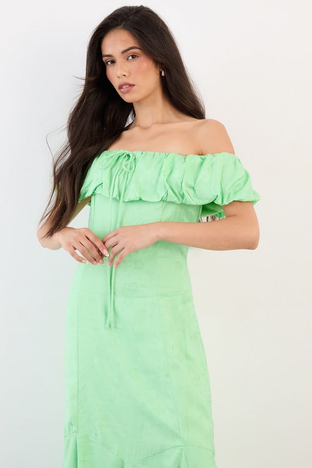 Warehouse Warehouse Women's Viscose Satin Jacquard Bardot Godet Insert Milkmaid Midi Dress in Green - 2