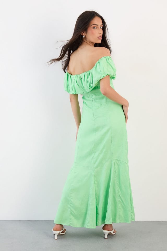 Warehouse Warehouse Women's Viscose Satin Jacquard Bardot Godet Insert Milkmaid Midi Dress in Green - 3