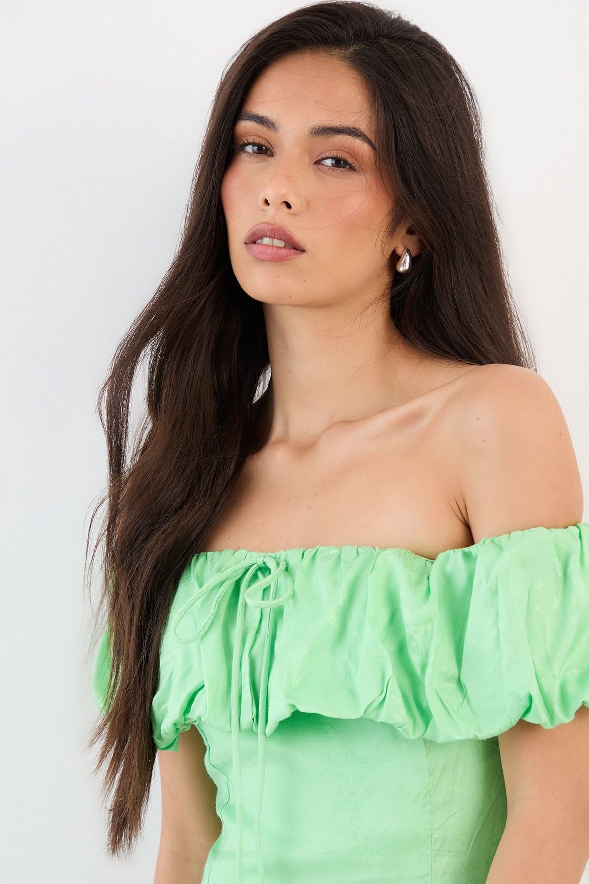 Warehouse Warehouse Women's Viscose Satin Jacquard Bardot Godet Insert Milkmaid Midi Dress in Green - 4
