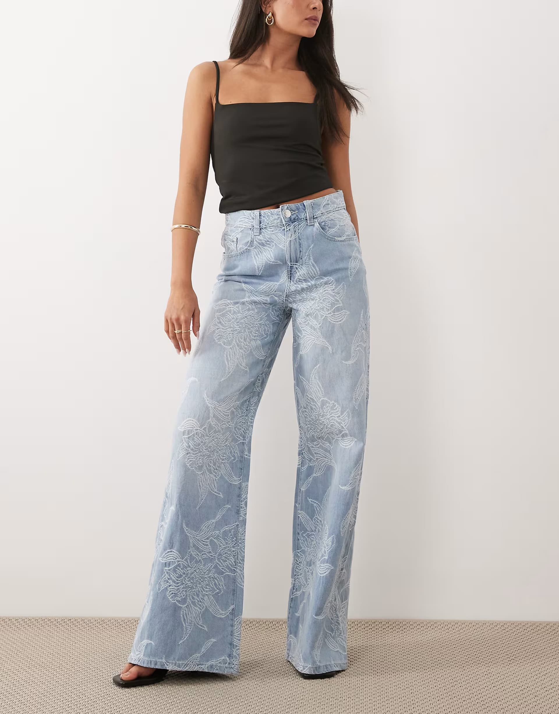 ASOS Gina Tricot wide leg embroidered jeans in light wash blue