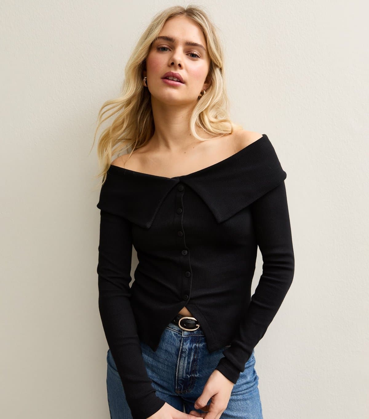 New Look New Look Black Folded Bardot Neck Button Up Top