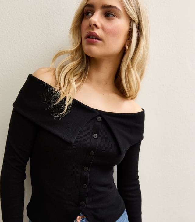 New Look Women's Black Folded Bardot Neck Button Up Top New Look - 2
